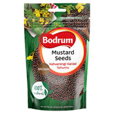 Bodrum Brown Mustard Seeds 100g are 100% natural, free from artificial colors or additives, and offer premium quality seeds for a bold, spicy flavor—packaged with images of mustard plants.